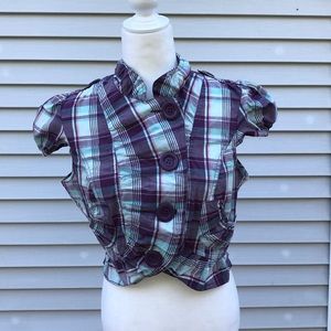 Purple and turquoise plaid buttoned top